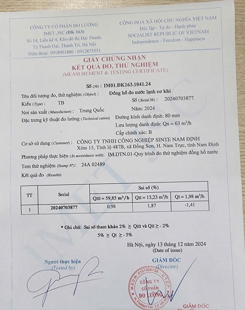Giấy chứng nhận kết quả đo và thử nghiệm