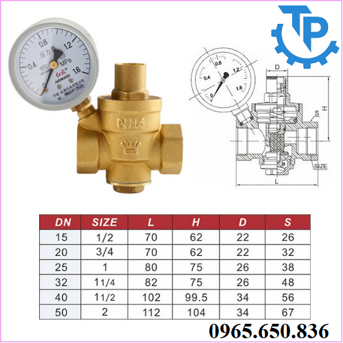 Thông số kích thước van giảm áp đồng