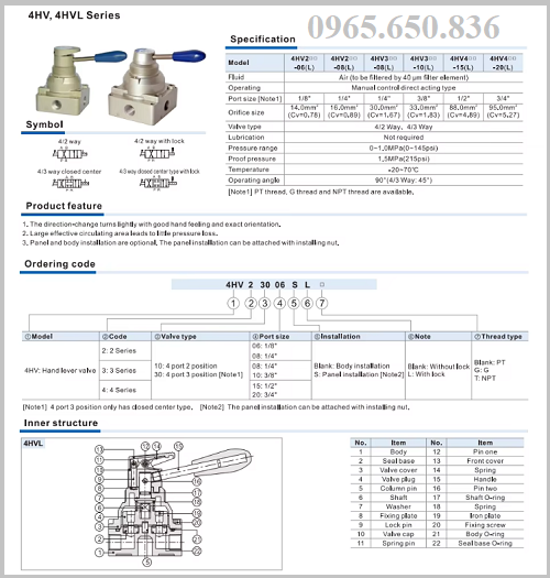 Bảng th&ocirc;ng số Van gạt tay kh&iacute; n&eacute;n 4HV330-10 Airtac-10_airtac