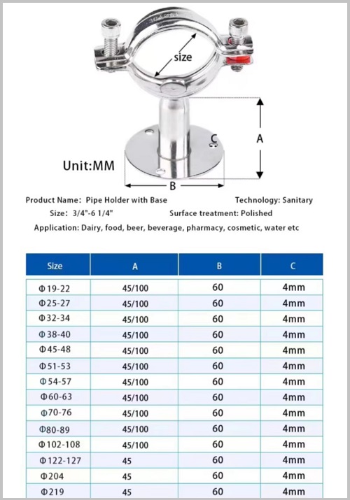 Thông số cùm treo inox vi sinh
