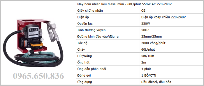 Bảng thông số bộ kít bơm xăng dầu